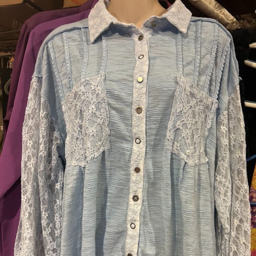 POL Blue & White Lace Buttoned Flare Women's Blouse Top! Small
